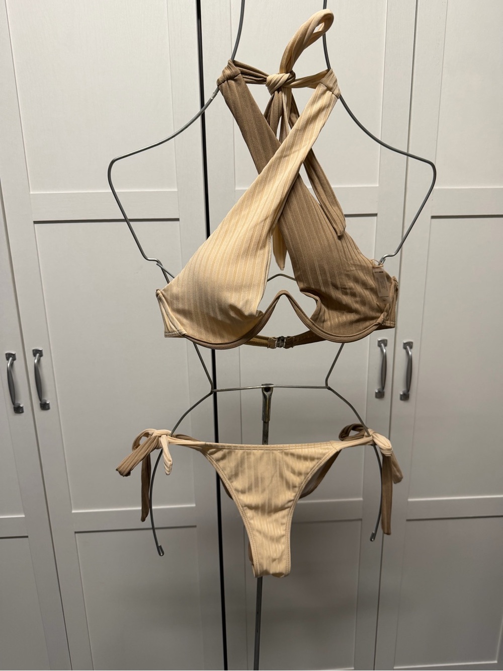 Fashion Nova Beige Ribbed Tie-Back Bikini